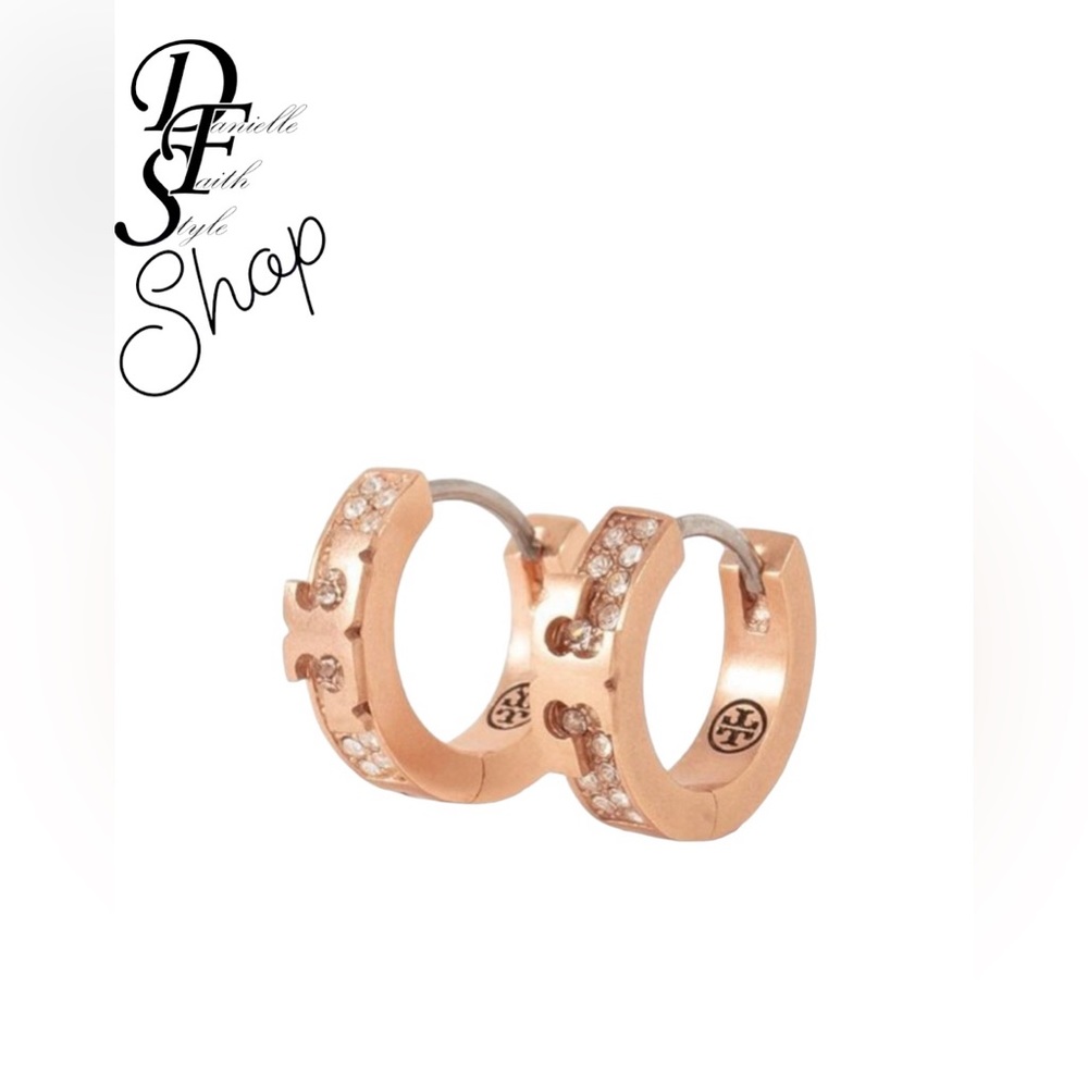 Tory Burch Serif T Pave Huggie Hoop Earrings with dustbag and giftbox